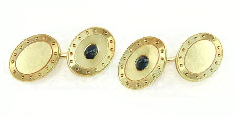 Antique Early 1900's American Solid 14K Gold Sapphire Gemstone Oval Cuff Links