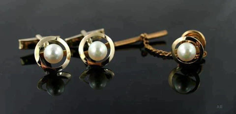 Handsome Quality 14k Yellow Gold Pearl Cufflinks & Tie Pin