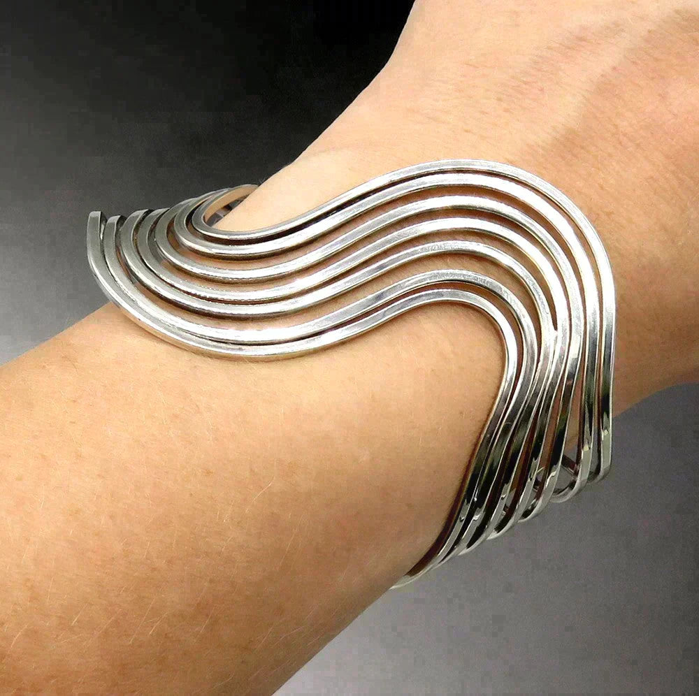 Artisan Handcrafted Mexican Sterling Silver Swirl Wave Cuff Bracelet