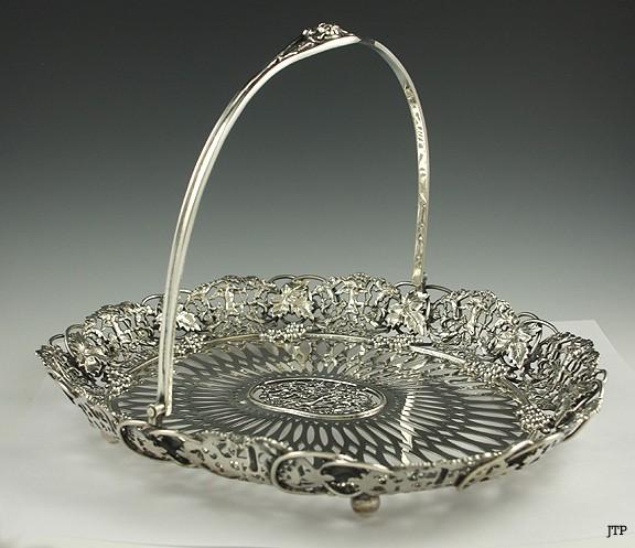 Antique Art Nouveau Sterling Silver Grape Motif Cupid Swing Handle Basket