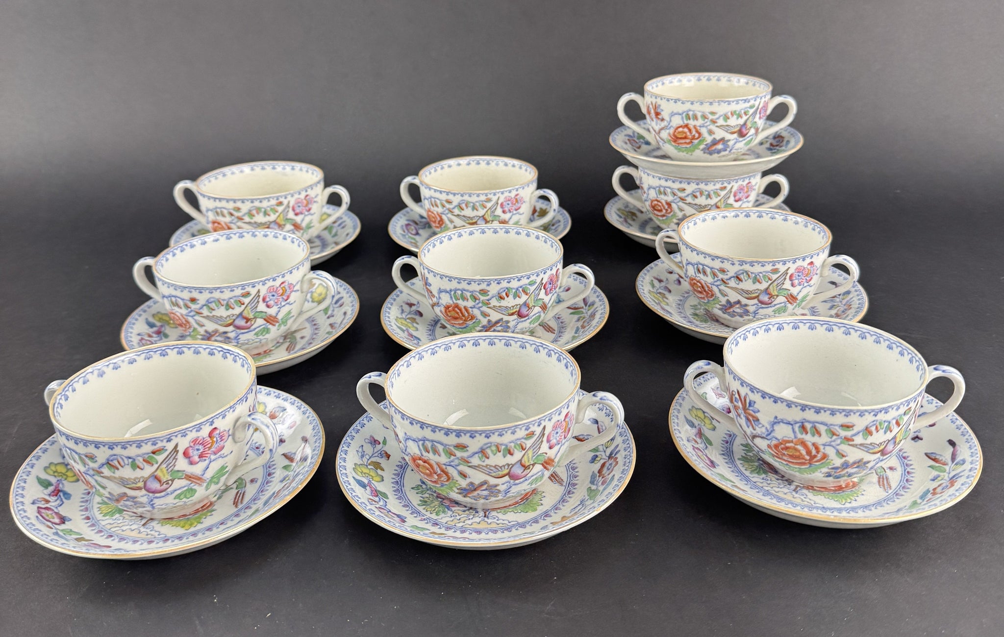 Set 10 Double Handle Bouillon Soup Bowls w Saucers Mason's Ironstone Flying Bird