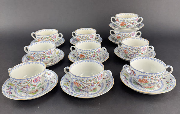 Set 10 Double Handle Bouillon Soup Bowls w Saucers Mason's Ironstone Flying Bird