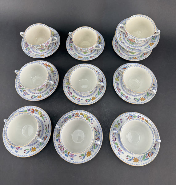 Set 10 Double Handle Bouillon Soup Bowls w Saucers Mason's Ironstone Flying Bird