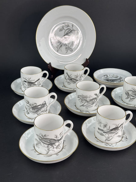 Charming Set Spode Bone China Songbird Bird Demitasse 8 Cups 9 Saucers