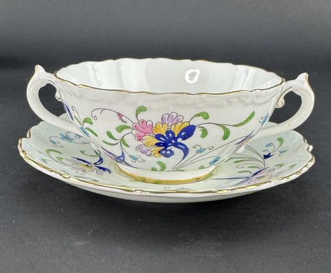 12 Coalport Fanfare Japan 2 Handle Bullion Soups with Under Plates