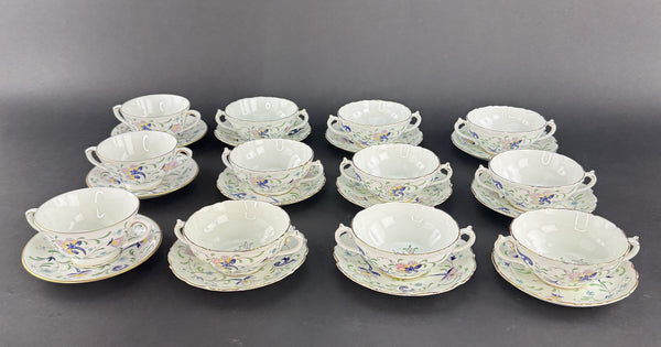 12 Coalport Fanfare Japan 2 Handle Bullion Soups with Under Plates