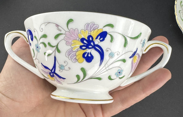 12 Coalport Fanfare Japan 2 Handle Bullion Soups with Under Plates