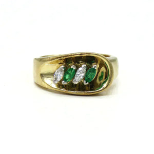 14K Yellow Gold Platinum Prong Setting Diamond Emerald Band Ring