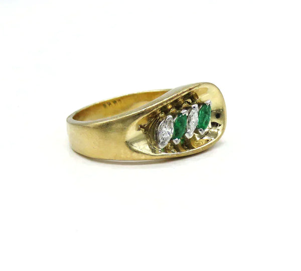 14K Yellow Gold Platinum Prong Setting Diamond Emerald Band Ring