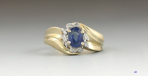 Lovely 14K Yellow Gold Diamond Blue Sapphire Ring Size 6