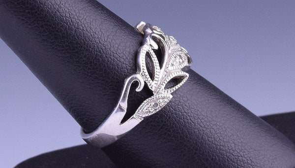 Exquisite Sterling Silver and Diamond Ring w/ Cutout Leaf Designs, Size 8.25