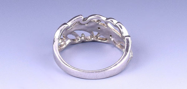 Exquisite Sterling Silver and Diamond Ring w/ Cutout Leaf Designs, Size 8.25