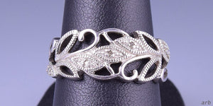 Exquisite Sterling Silver and Diamond Ring w/ Cutout Leaf Designs, Size 8.25