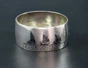 Great Middle Eastern Silver Napkin Ring Engraved "Dad" Enamel Painted Scenes