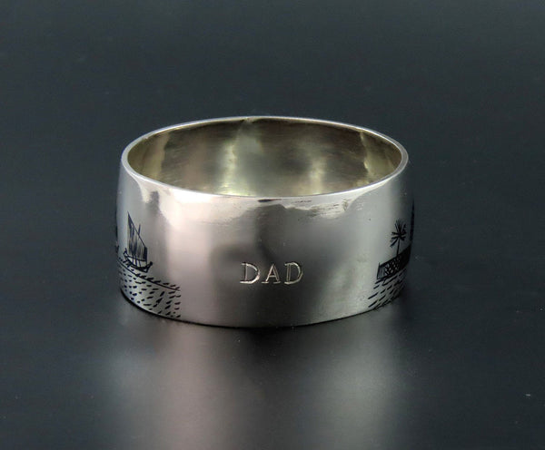 Great Middle Eastern Silver Napkin Ring Engraved "Dad" Enamel Painted Scenes