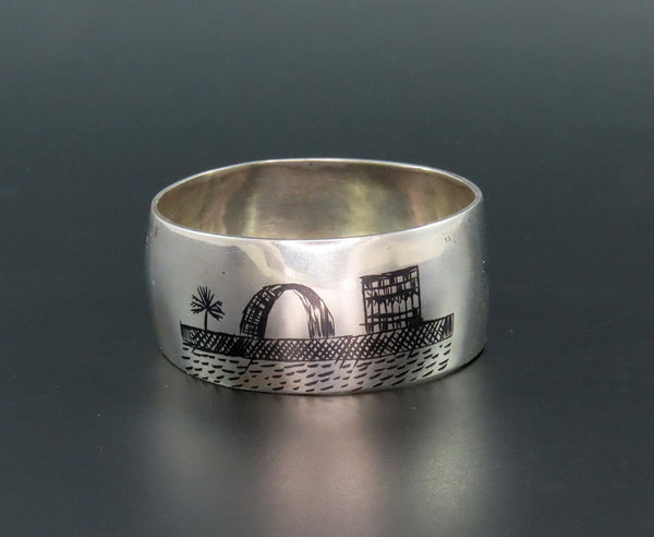 Great Middle Eastern Silver Napkin Ring Engraved "Dad" Enamel Painted Scenes