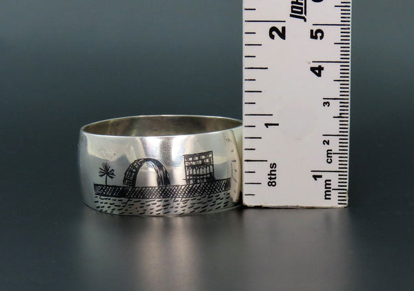 Great Middle Eastern Silver Napkin Ring Engraved "Dad" Enamel Painted Scenes