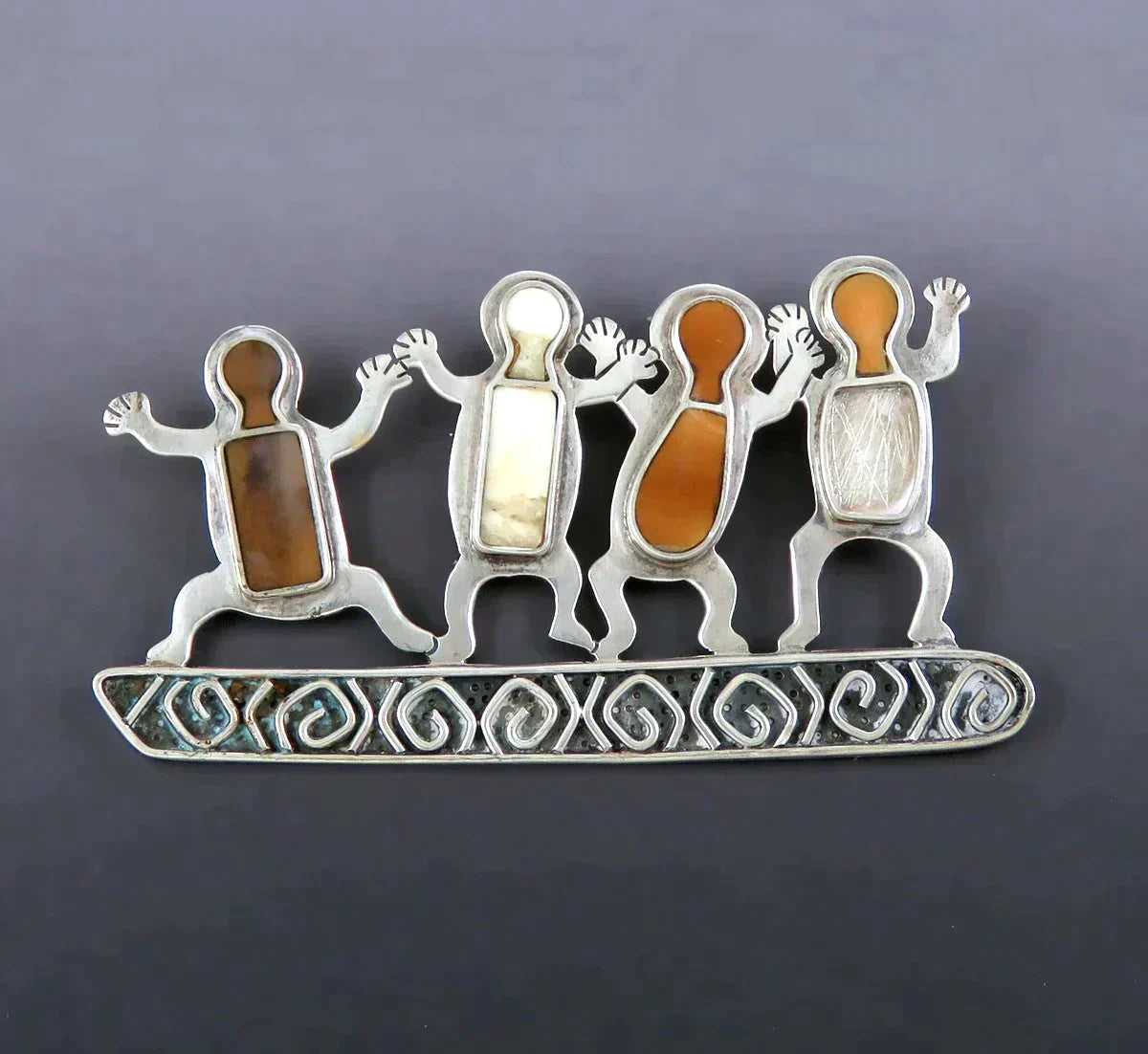 VTG Zealandia Sterling Silver 4 Dancing Figures Tribal Brooch Pin AS IS