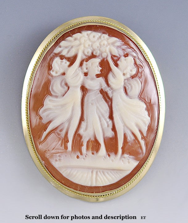 Italian Dancing Hours 18k Gold Hand Carved Cameo Brooch Pin Pendant