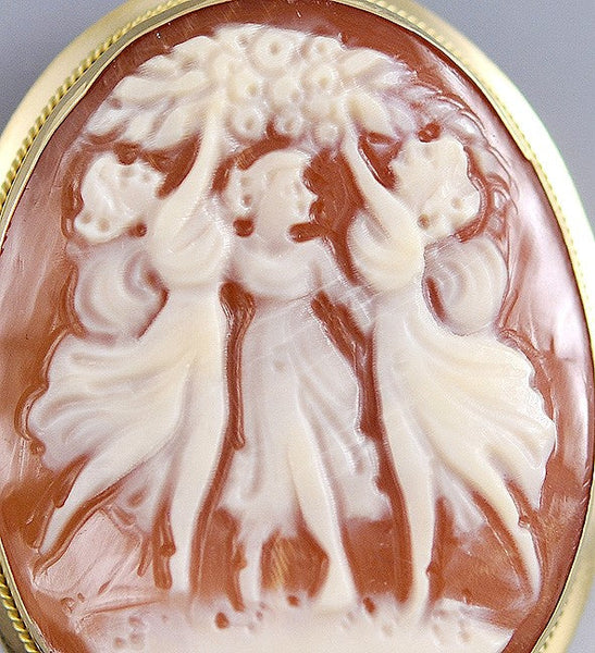 Italian Dancing Hours 18k Gold Hand Carved Cameo Brooch Pin Pendant