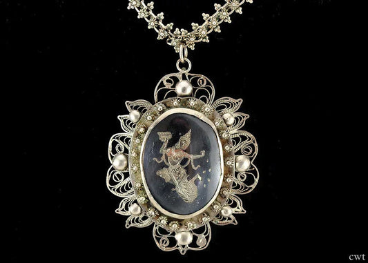 Fabulous Sterling Silver and Niello Necklace w/ Pendant Dancing Figure 1930-1960