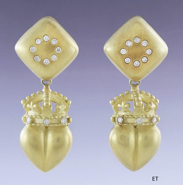 Fabulous Pair 18k Gold & Diamond Crowned Heart Earrings