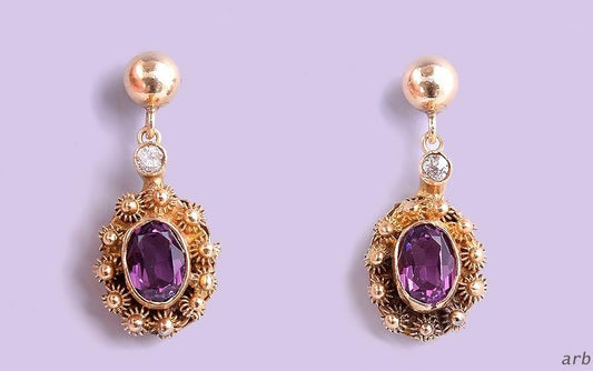 Sweet 14k Gold Pierced Drop Earrings Genuine Diamonds, Simulated Amethyst