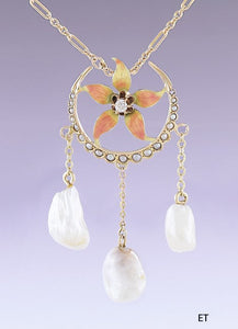 Classy 10k Gold Diamond & Pearl Art Nouveau Lavaliere Crescent Flower Necklace