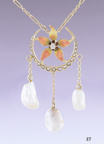 Classy 10k Gold Diamond & Pearl Art Nouveau Lavaliere Crescent Flower Necklace