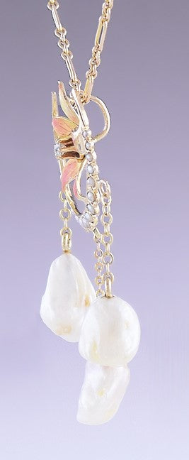 Classy 10k Gold Diamond & Pearl Art Nouveau Lavaliere Crescent Flower Necklace