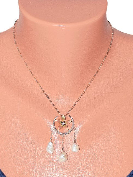 Classy 10k Gold Diamond & Pearl Art Nouveau Lavaliere Crescent Flower Necklace
