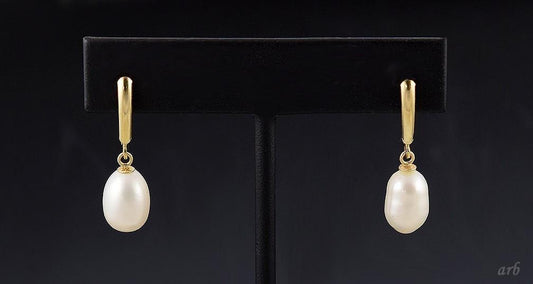 Pair of Classical 14k Yellow Gold and Real Pearl Dangly Pierced Earrings