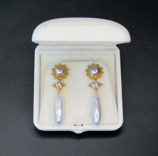 Elegant Paula Crevoshay 18k Gold Rose Pearl Pink Spinel Drop Dangle Earrings