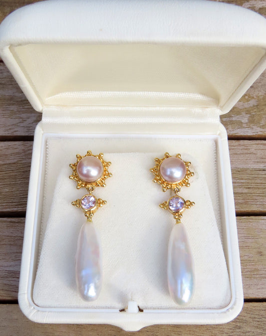 Elegant Paula Crevoshay 18k Gold Rose Pearl Pink Spinel Drop Dangle Earrings
