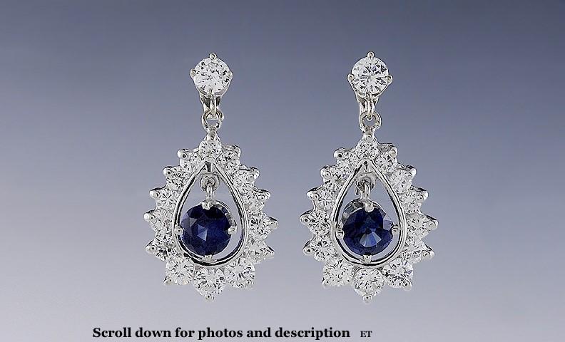 Gorgeous Pair ~1.7ct Diamond ~1ct Sapphire 14k White Gold Drop Earrings