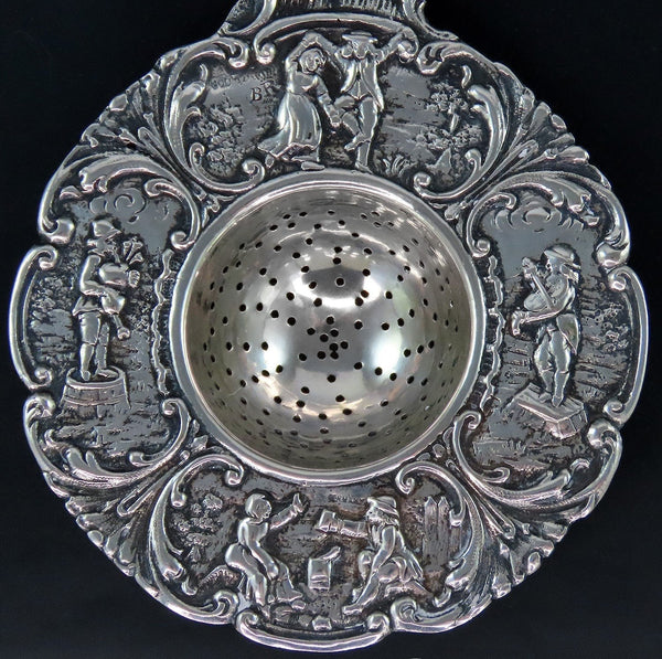 Fabulous Antique German 800 Silver Tavern Genre Scene Fiddler Tea Strainer