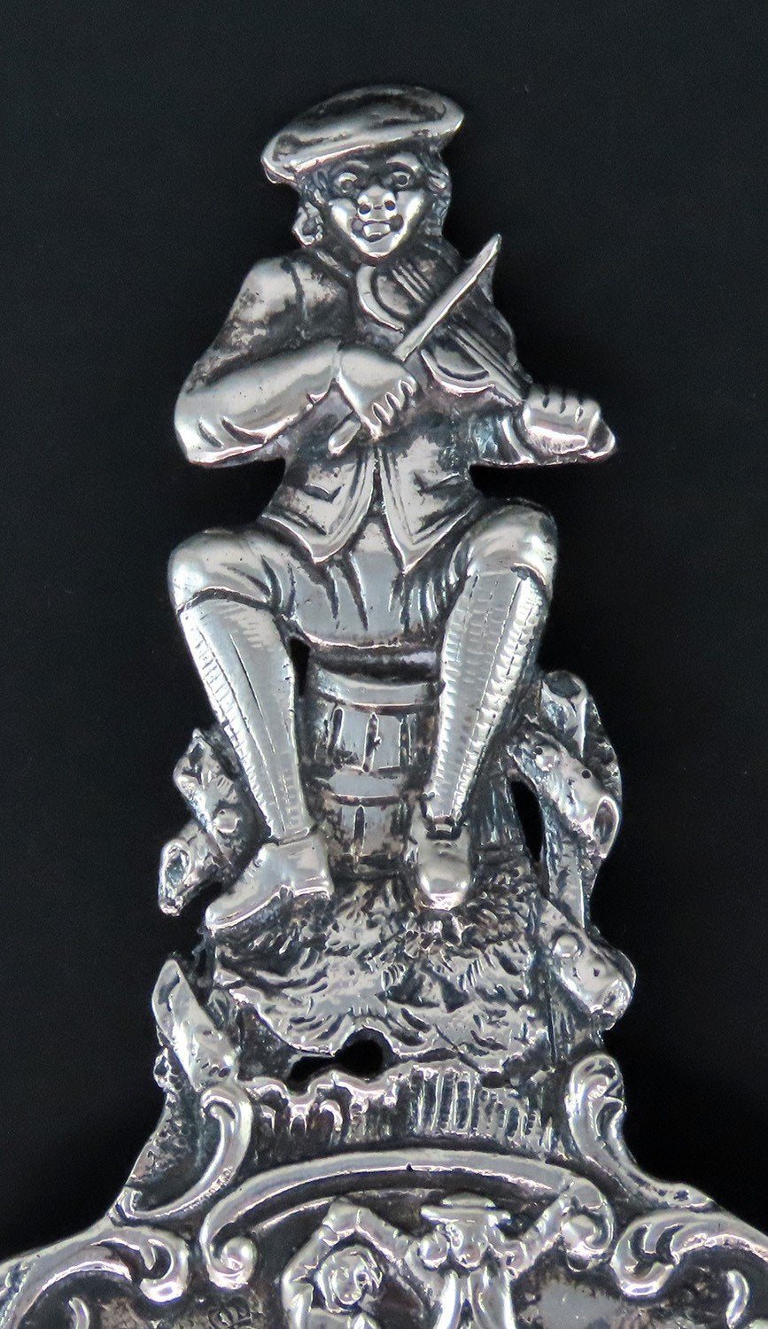 Fabulous Antique German 800 Silver Tavern Genre Scene Fiddler Tea Strainer