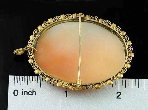 Superb Hand Carved Cameo of a Young Woman 14k Gold Filigree Pin Brooch Pendant