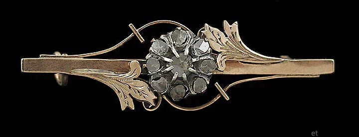 Victorian 10K Gold & Rose Cut Diamond Floral Bar Pin