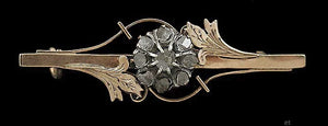 Victorian 10K Gold & Rose Cut Diamond Floral Bar Pin