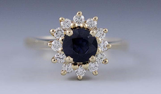Stunning Sapphire ~.50ct Diamond & 14k Yellow Gold Halo Coronet Cluster Ring