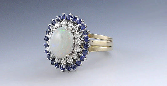 Dazzling 14k Gold Opal Sapphire & Diamond Double Halo Ring Size 7