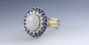 Dazzling 14k Gold Opal Sapphire & Diamond Double Halo Ring Size 7