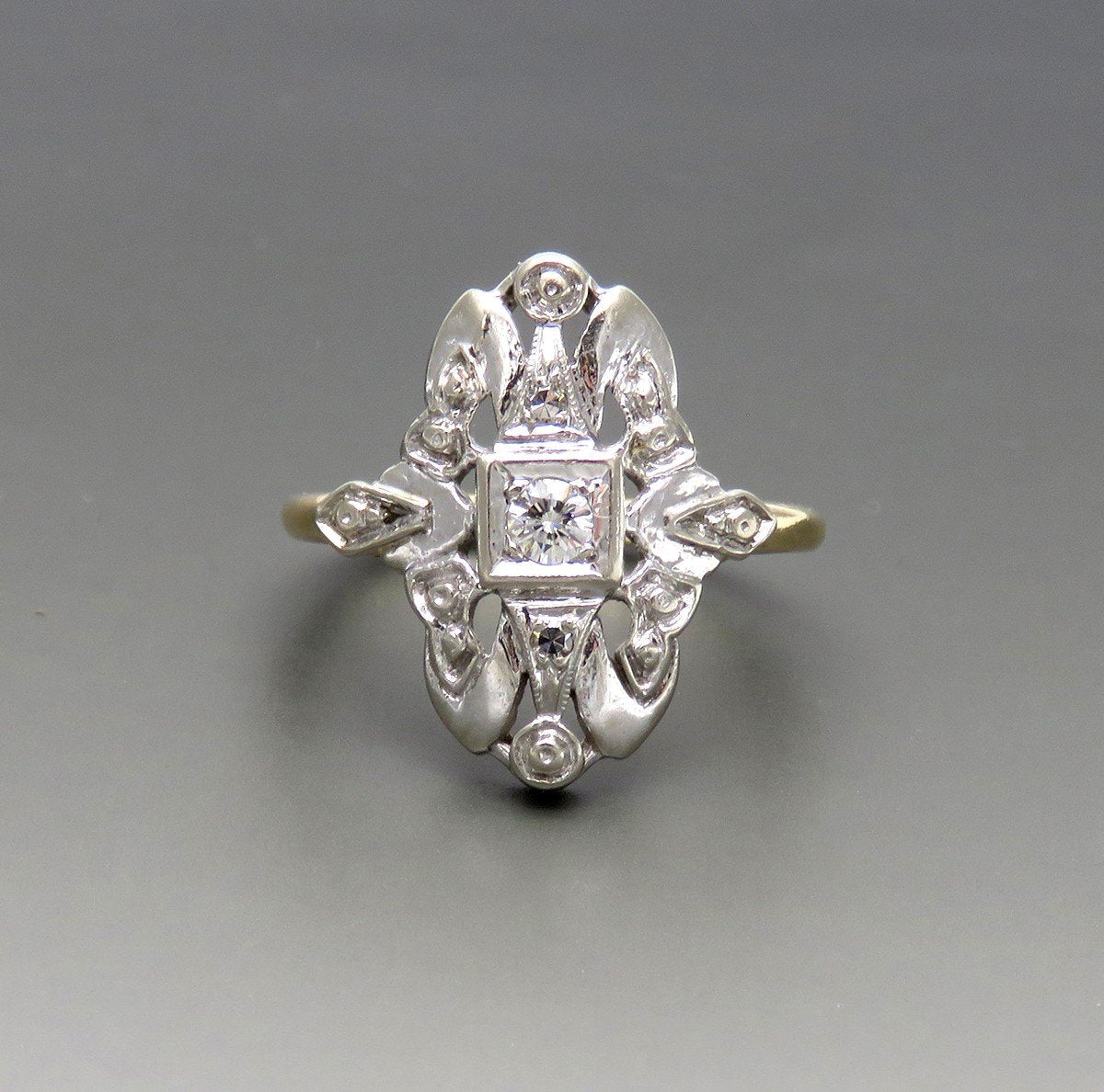 Charming VTG 14k White and Yellow Gold Three Diamond Art Deco Ring "Cinderella"