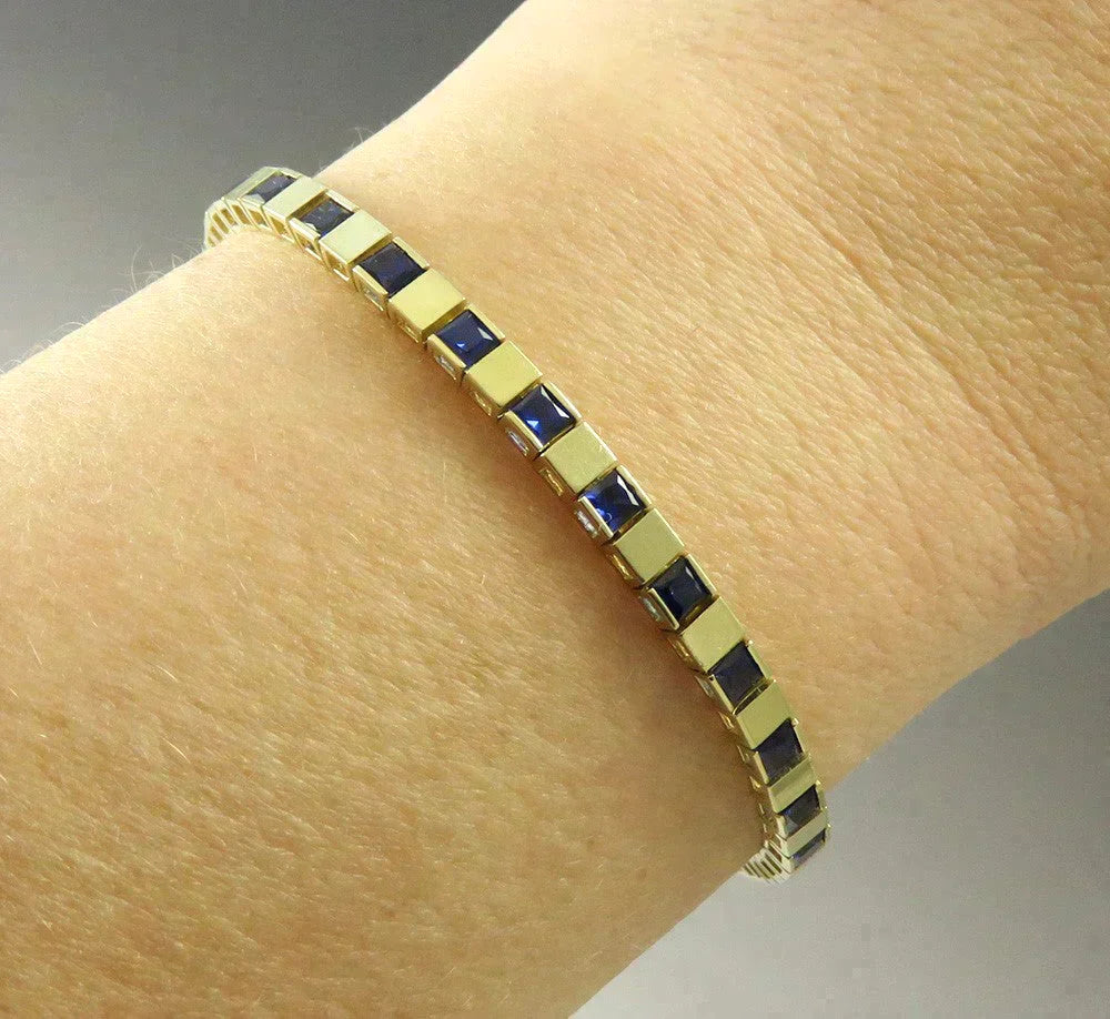 Vintage 10K Yellow Gold Synthetic Sapphire Art Deco Geometric Style Bracelet