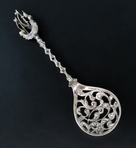Superb Antique Dutch 833 Silver Sailing Ship Sugar Sifter Pierced Small Spoon