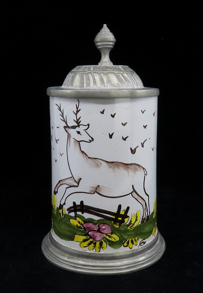 Charming mid 1800s German Faience Pottery Pewter Lid Stein w Stag Deer Design