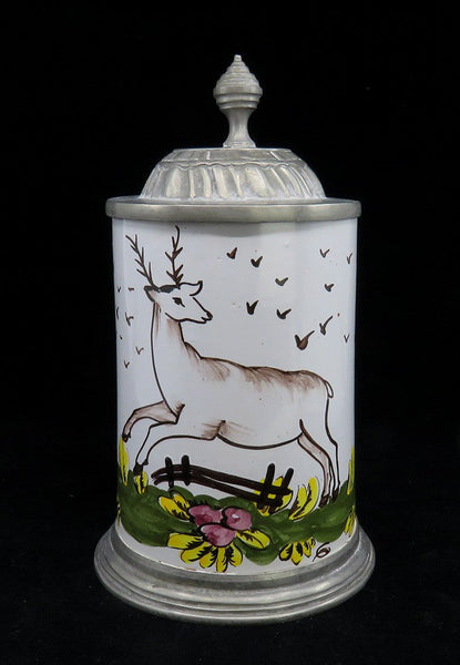 Charming mid 1800s German Faience Pottery Pewter Lid Stein w Stag Deer Design