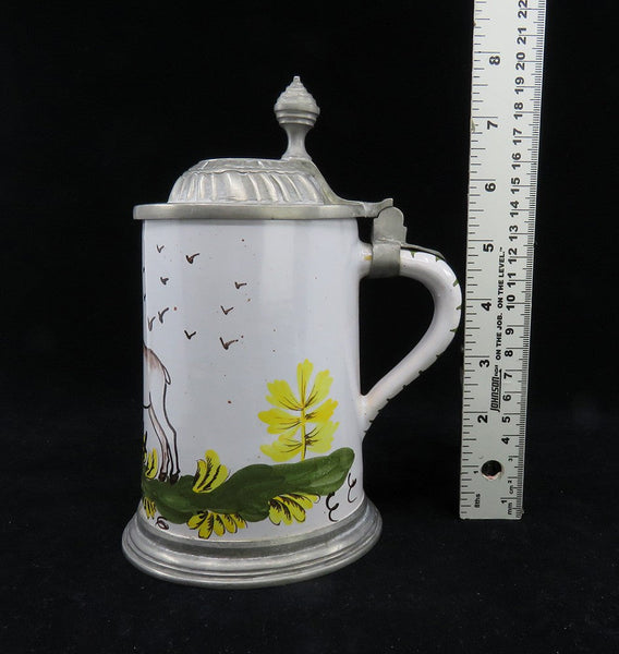 Charming mid 1800s German Faience Pottery Pewter Lid Stein w Stag Deer Design