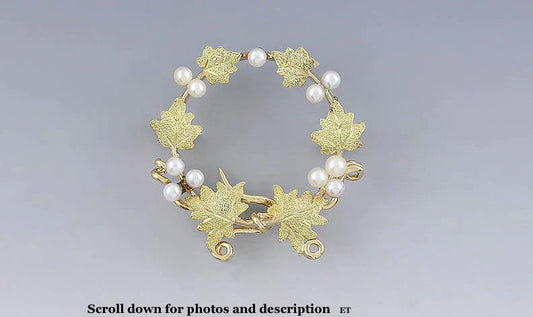 Early 1900s 14k Gold Pearl Ivy Grape Leaf Wreath Small Brooch Pin